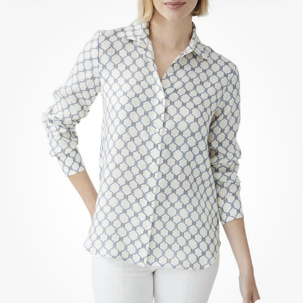J McLaughlin Denver Silk‎ Blend Blouse Equestrian Chain Button Up Shirt sz.Large